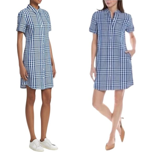 Theory Mayvine Dillon Plaid Linen Mini Shirt Dress Women 4 Blue White Preppy NWT - Picture 2 of 16
